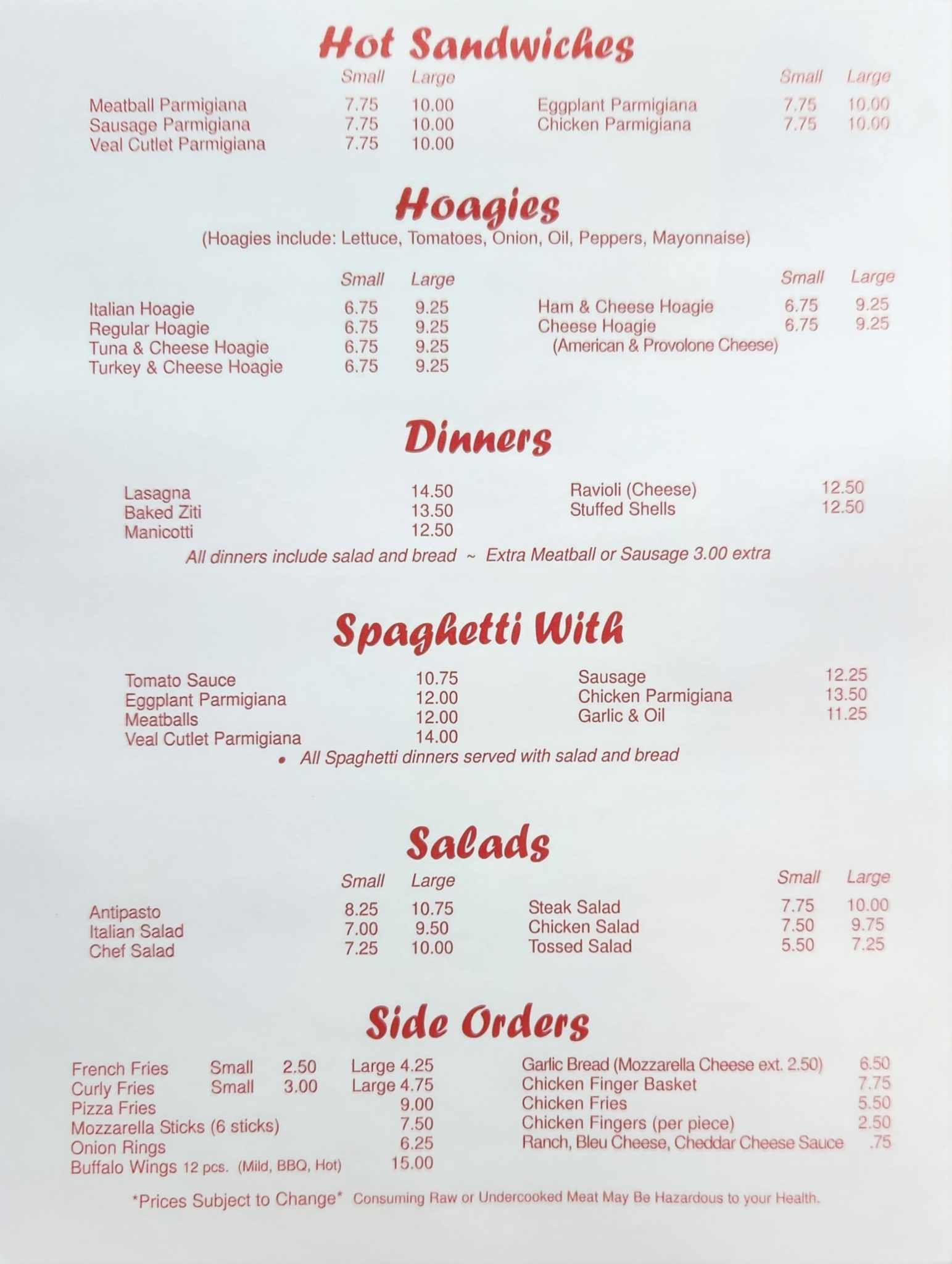 Menu | Joe's Pizza & Restaurant | Williamsport, PA